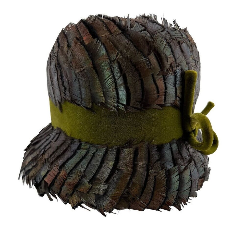 Vintage Womens Cloche Hat Peacok Feathers Irridescent G Howard Hodge Jr Flapper - Picture 2 of 11